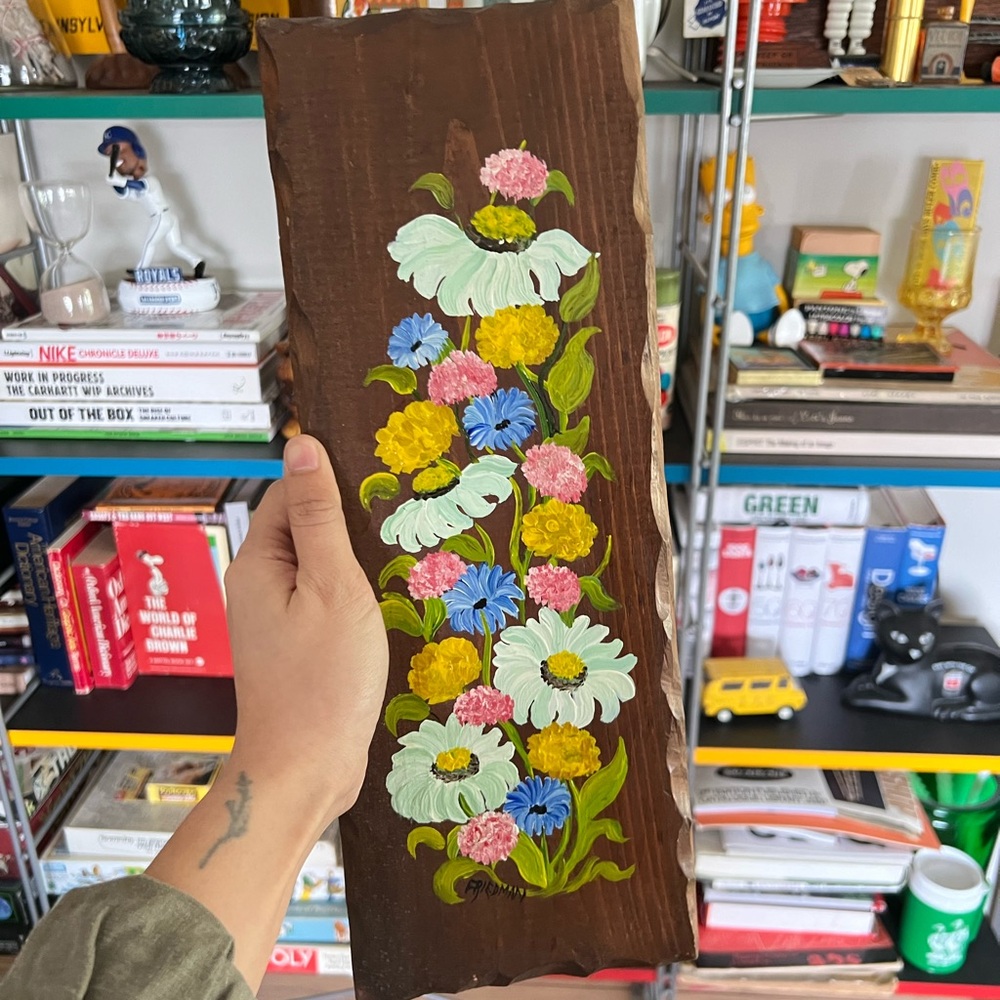 Vintage 60s 70s Mid Century Modern Folk Art Painted Wall Hanging Boho Eclectic